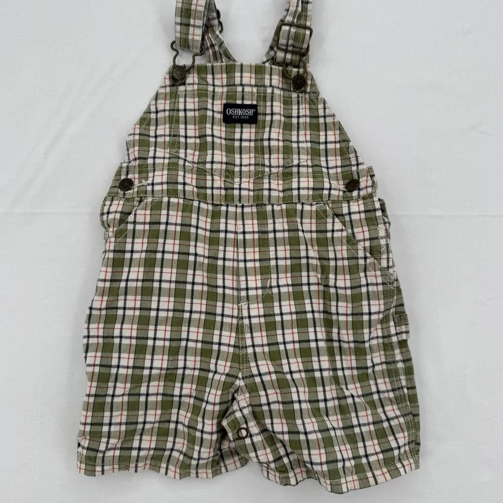 Vtg Y2K OshKosh Bgosh Kids Green Plaid Overalls Size 18 Months Cotton Shortalls